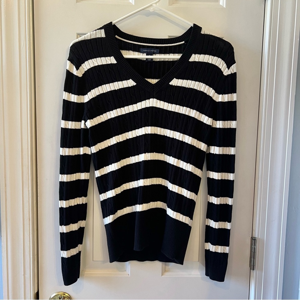 Tommy Hilfiger Black and White Striped V-Neck Sweater